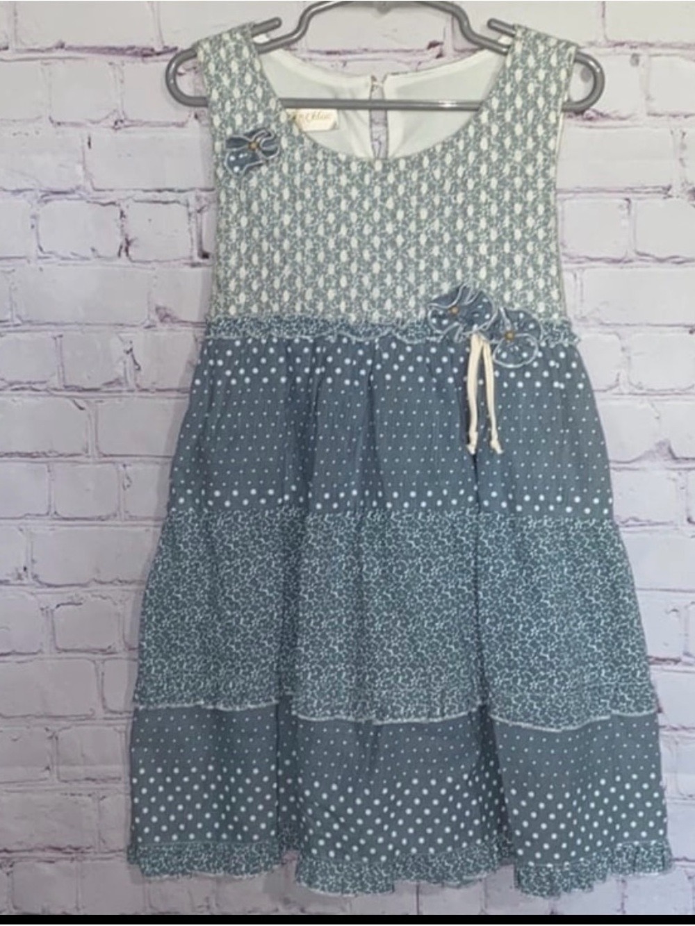 Isobella & Chloe Blue Tiered Sleeveless Dress with Floral and Polka Dot Panels